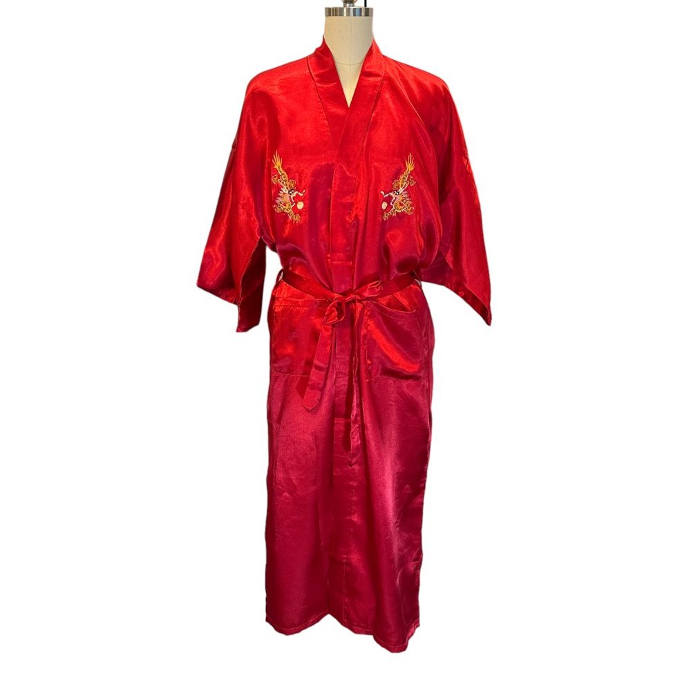 Vtg Esme Made in China Red Kimono Robe Dragon Embroidery Satin Pockets sz L EUC!